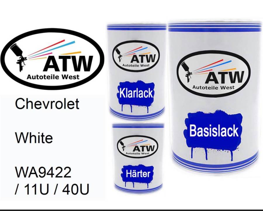 Chevrolet, White, WA9422 / 11U / 40U: 500ml Lackdose + 500ml Klarlack + 250ml Härter - Set, von ATW Autoteile West.